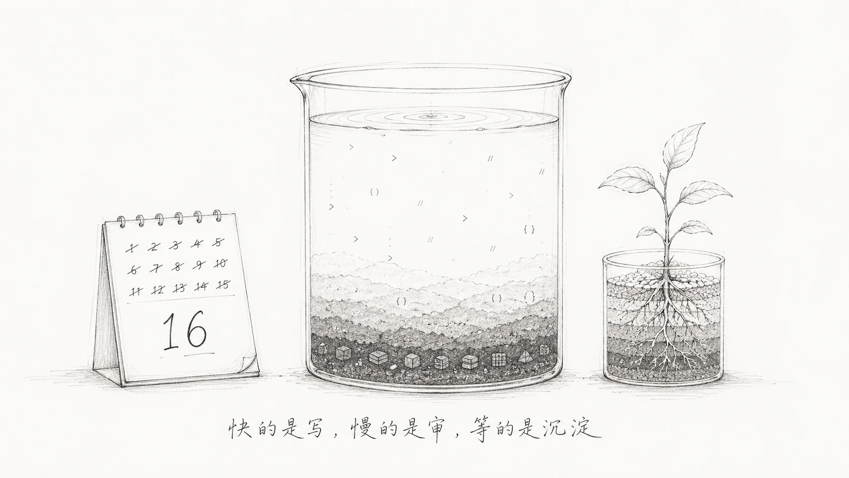 沉淀隐喻：玻璃容器中的沉积层与16天日历