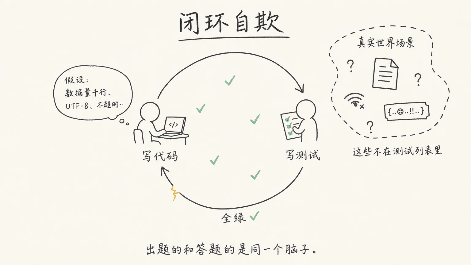 同一个脑子闭环——AI 写代码和写测试共享同一组隐含假设，测试全绿只证明内部一致