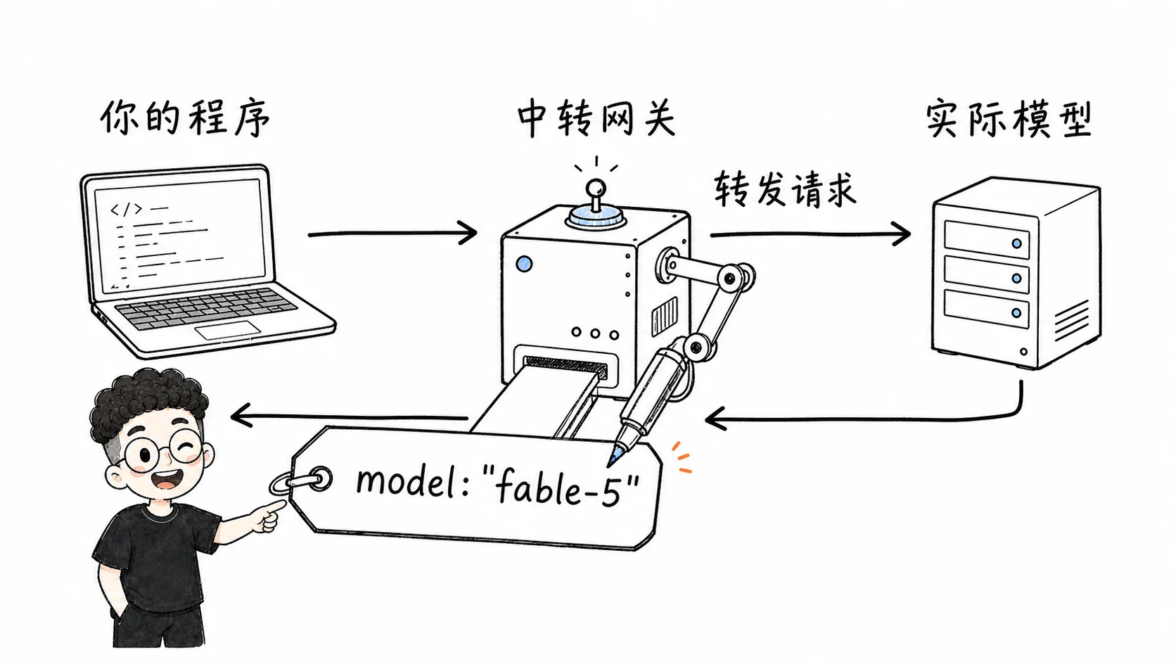中转链路示意：请求转发给实际模型，返回的 model 字段由中转网关填写